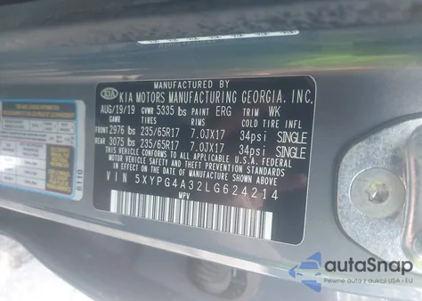 2020 Kia Sorento 2.4L Lx z USA, uszkodzony, nr VIN 5XYPG4A32LG624214